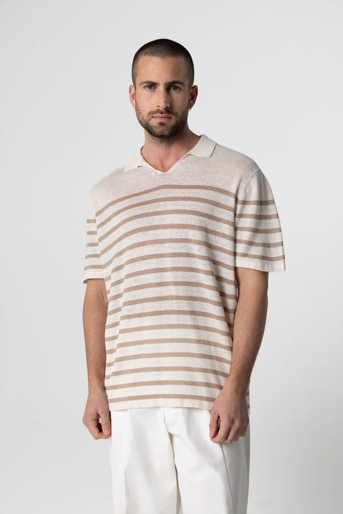 Polo Désert à rayures Blanches Manches Courtes en Lin - MAJESTIC FILATURES
