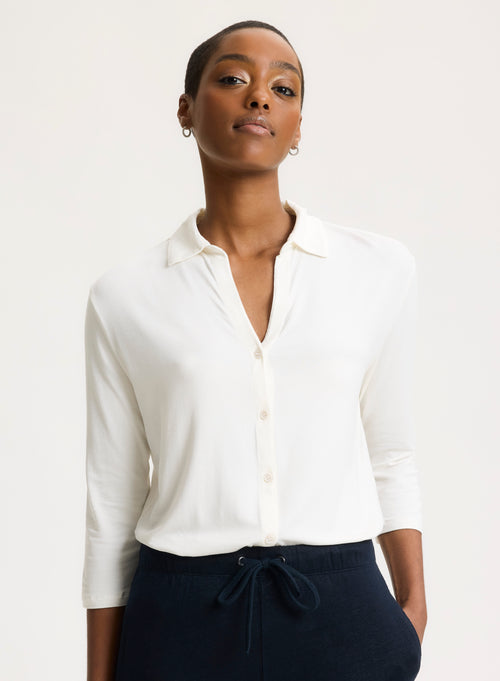 Chemise Femme Chemisier Viscose Bleu/Carreaux Blancs Chemisier à