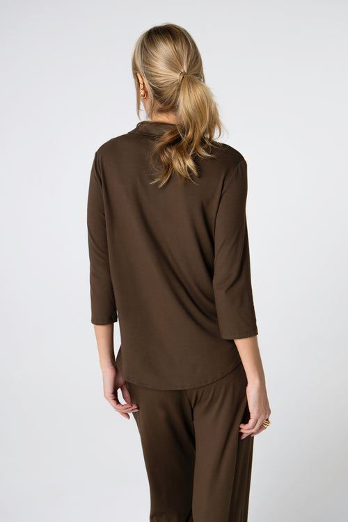 Chemise Marron Foncé Manches 3/4 en Viscose / Elasthanne - MAJESTIC FILATURES