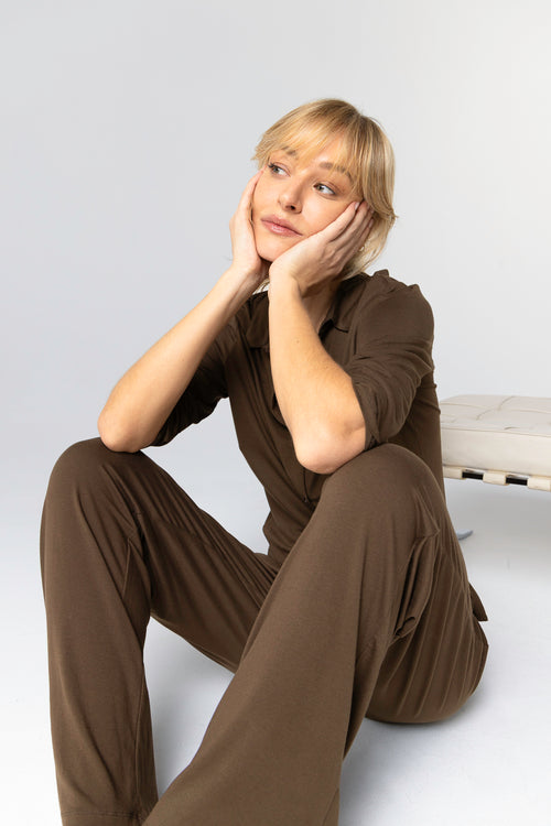 Chemise Marron Foncé Manches 3/4 en Viscose / Elasthanne - MAJESTIC FILATURES