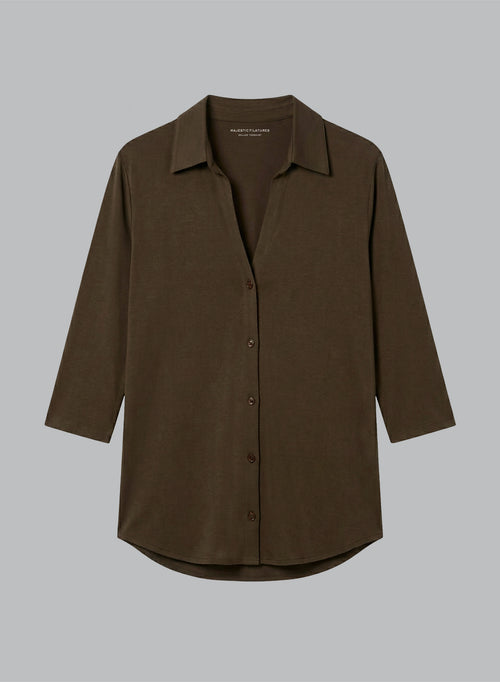 Chemise Marron Foncé Manches Trois quarts en Viscose / Elasthanne - MAJESTIC FILATURES