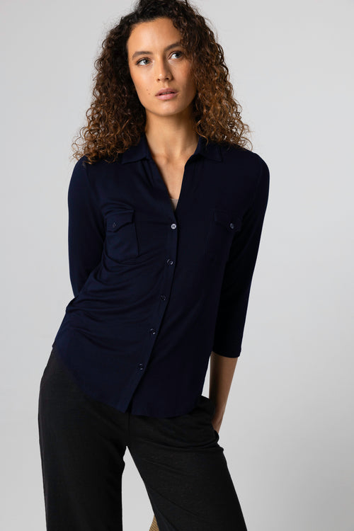 Chemise Marine Manches 3/4 en Viscose / Elasthanne - MAJESTIC FILATURES
