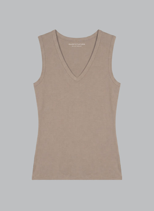 Ärmelloses Tanktop mit V-Ausschnitt aus Viskose/Elasthan in Kaffee-Latte - MAJESTIC FILATURES