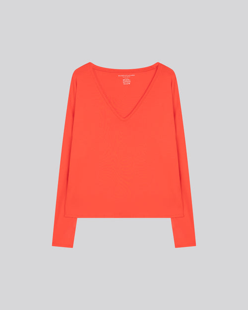Orangefarbenes Langarm-T-Shirt aus Viskose / Elasthan mit V-Ausschnitt - MAJESTIC FILATURES