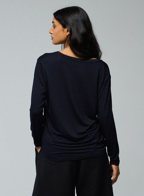 T-shirt Marine Col V Manches Longues en Viscose / Elasthanne - MAJESTIC FILATURES