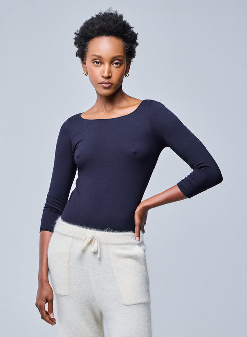 T-shirt Marine Adèle Col Bateau en Viscose / Élasthanne - MAJESTIC FILATURES