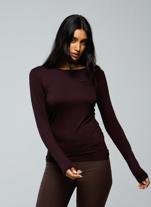 T-shirt Aubergine Col Rond Manches Longues en Viscose et Elasthanne - MAJESTIC FILATURES
