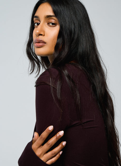 T-shirt Aubergine Col Rond Manches Longues en Viscose et Elasthanne - MAJESTIC FILATURES