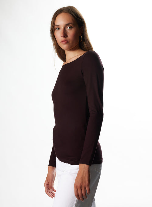 T-shirt Aubergine Col Bateau Manches 3/4 en Viscose / Elasthanne - MAJESTIC FILATURES