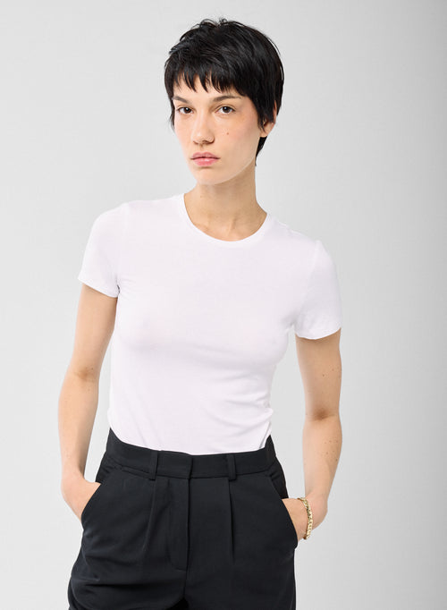 Weiß T Shirt Rundhals Kurze Ärmel Viskose Elasthan   - MAJESTIC FILATURES
