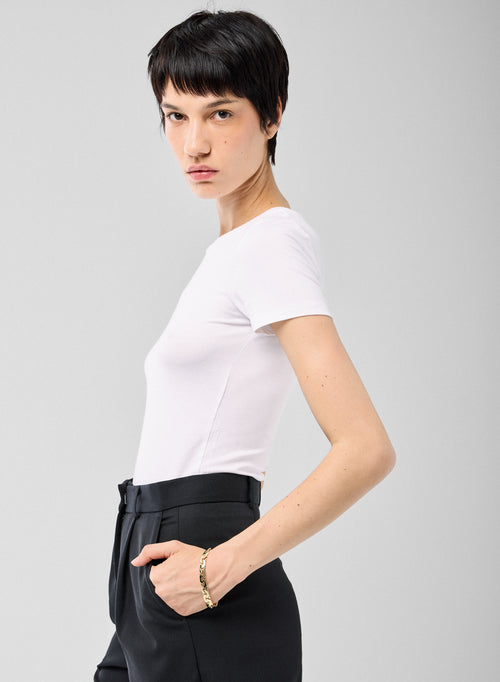 Weiß T Shirt Rundhals Kurze Ärmel Viskose Elasthan   - MAJESTIC FILATURES
