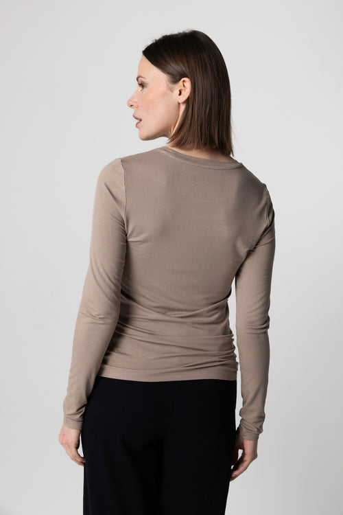 T-shirt Beige Col Rond Manches Longues en Viscose / Élasthanne - MAJESTIC FILATURES