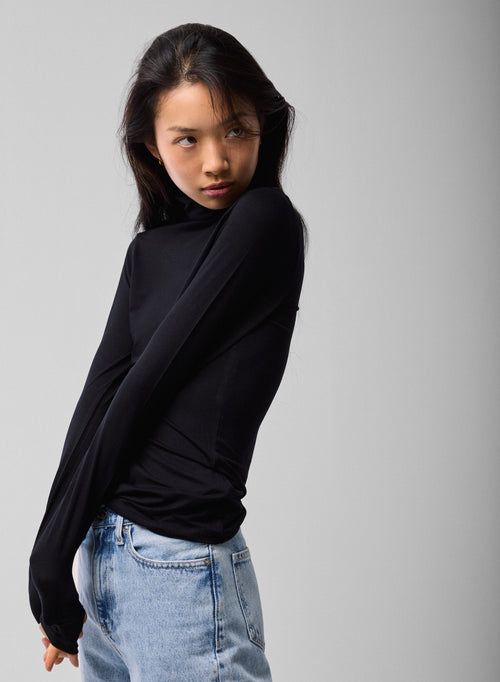 T-shirt Noir Col Roulé Manches Longues en Viscose et Élasthanne - MAJESTIC FILATURES