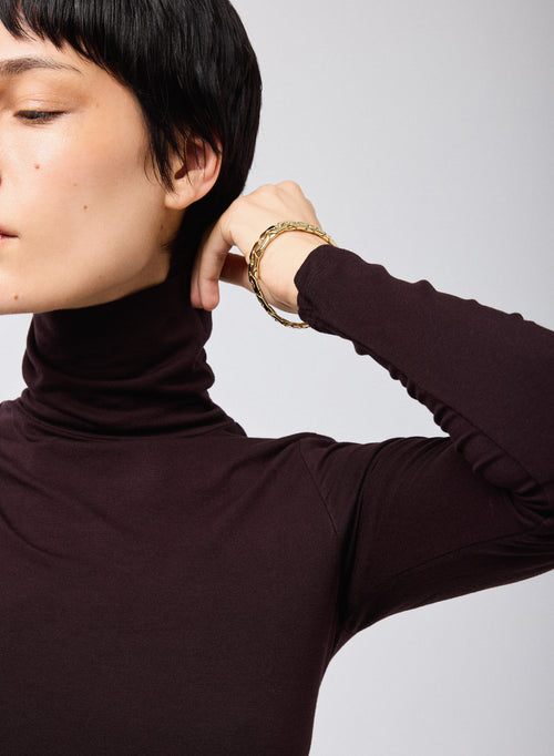T-shirt Aubergine Col Roulé Manches Longues en Viscose et Elasthanne - MAJESTIC FILATURES