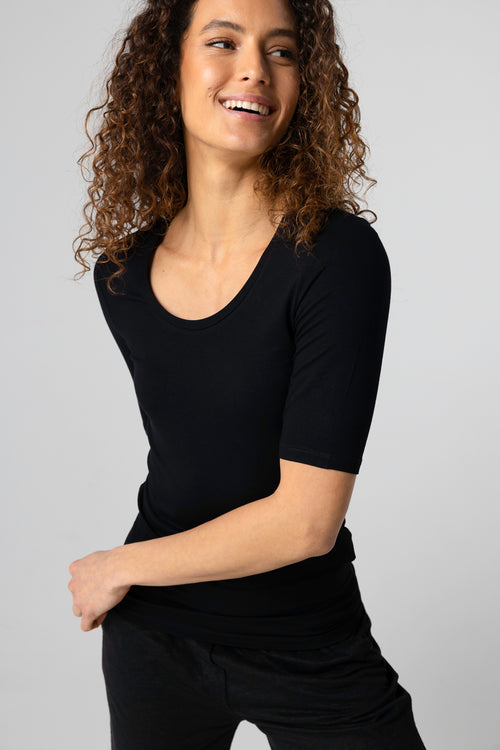 Schwarzes T-Shirt U-Ausschnitt Ellbogenärmel aus Viskose / Elasthan - MAJESTIC FILATURES