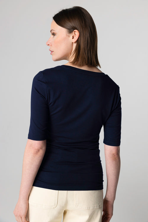 T-shirt Marine Col U Manches Coudes en Viscose / Elasthanne - MAJESTIC FILATURES