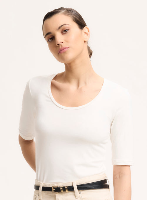 Tee shirt Blanc Col U Manches Coudes - MAJESTIC FILATURES