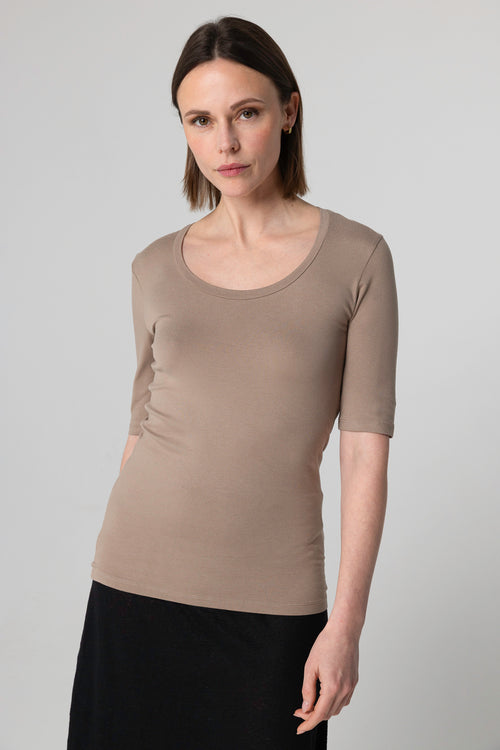 T-shirt Marron Col U Manches Coudes en Viscose / Elasthanne - MAJESTIC FILATURES