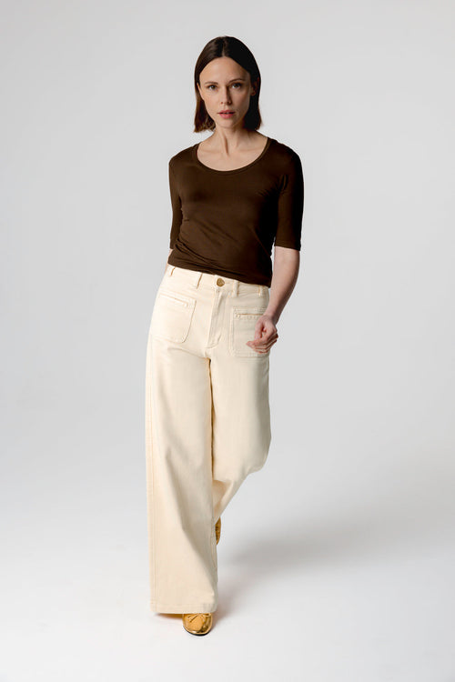 T-shirt Marron Foncé Col U Manches Coudes en Viscose / Elasthanne - MAJESTIC FILATURES