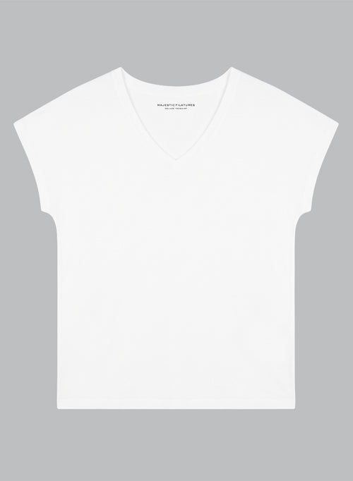 T-shirt Blanc Manches Courtes Col V en Viscose / Élasthanne - MAJESTIC FILATURES