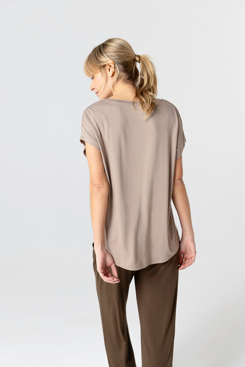 T-shirt Marron Col V Manches Courtes en Viscose / Elasthanne - MAJESTIC FILATURES