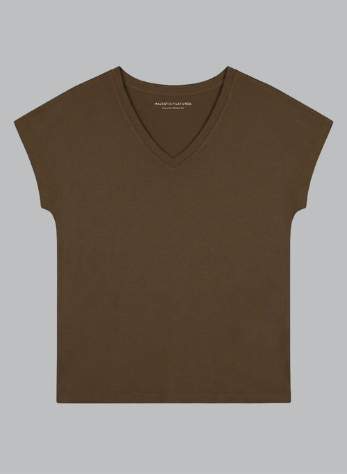 T-Shirt mit V-Ausschnitt und kurzen Ärmeln aus Viskose/Elasthan in Dunkelbraun - MAJESTIC FILATURES