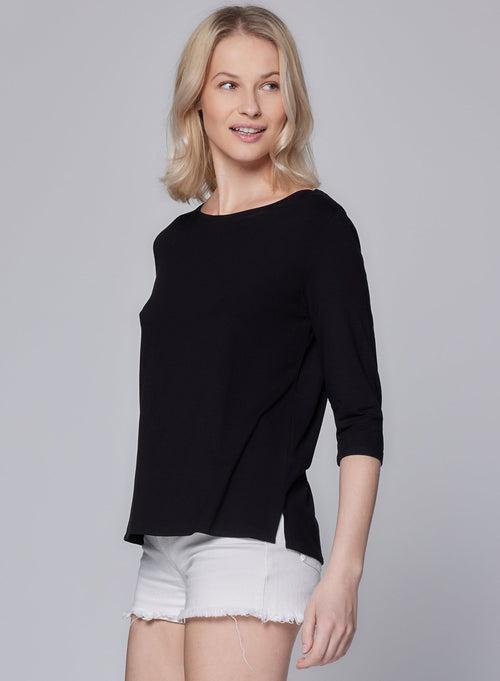 Tee shirt Noir Manches 3/4 Col Bateau en Viscose / Elasthanne - MAJESTIC FILATURES