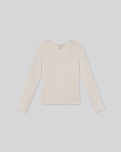 Weiß T Shirt V Ausschnitt Lange Ärmel Viskose Elasthan   - MAJESTIC FILATURES