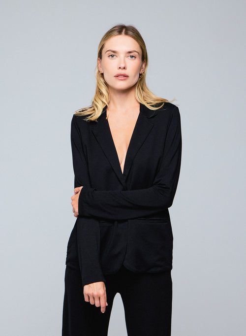 Veste Noire Col Veste Manches Longues en Viscose / Élasthanne - MAJESTIC FILATURES