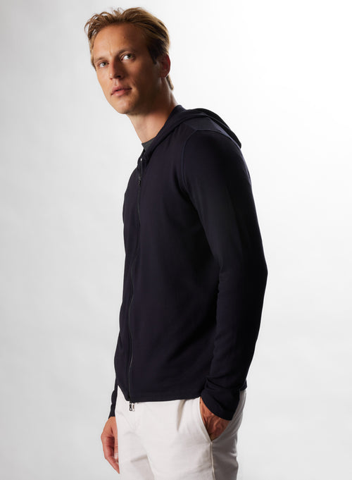 Sweat Marine Col Capuche Manches Longues en Viscose / Elasthanne - MAJESTIC FILATURES