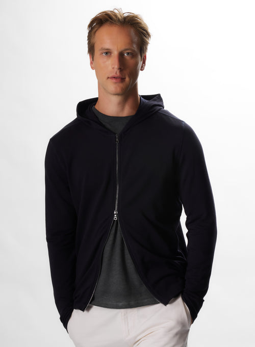 Sweat Marine Col Capuche Manches Longues en Viscose / Elasthanne - MAJESTIC FILATURES