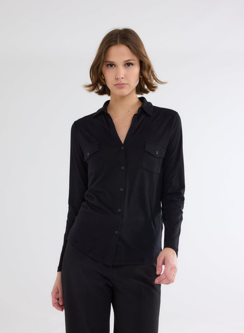 Chemise Noire Manches Longues en Coton / Cachemire - MAJESTIC FILATURES