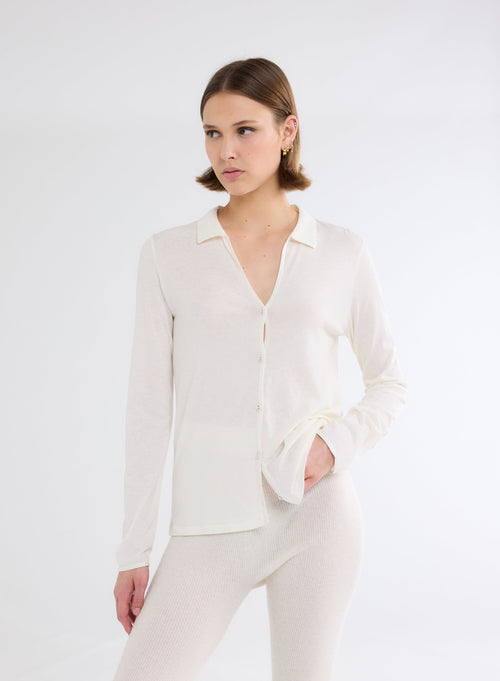 Chemise Nacre Manches Longues en Coton et Cachemire - MAJESTIC FILATURES