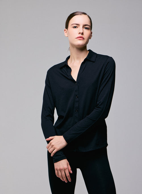 Schwarzes Hemd Langarmhemd aus Bio-Baumwolle / Kaschmir - MAJESTIC FILATURES
