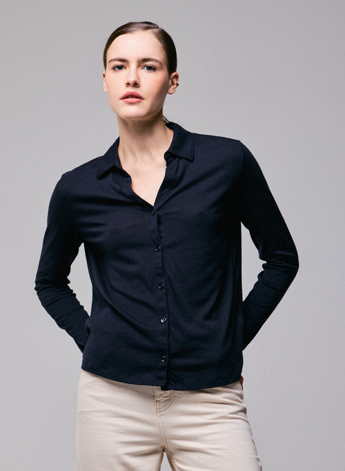 Navy Shirt Langarmshirt aus Bio-Baumwolle / Kaschmir - MAJESTIC FILATURES