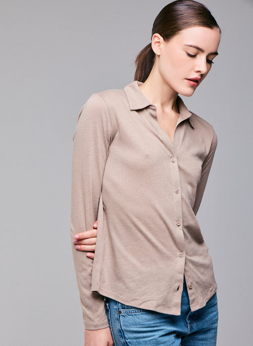 Beige Shirt Langarmshirt aus Bio-Baumwolle / Kaschmir - MAJESTIC FILATURES