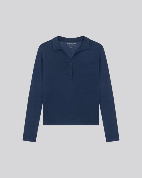 Blaues Poloshirt Langärmeliges Poloshirt aus Baumwolle / Kaschmir - MAJESTIC FILATURES