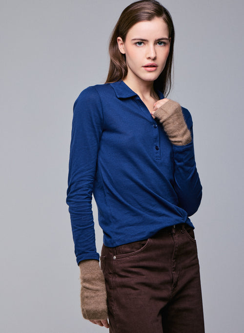 Blaues Poloshirt Langärmeliges Poloshirt aus Baumwolle / Kaschmir - MAJESTIC FILATURES