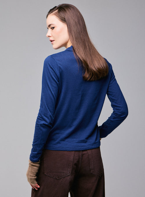 Blaues Poloshirt Langärmeliges Poloshirt aus Baumwolle / Kaschmir - MAJESTIC FILATURES