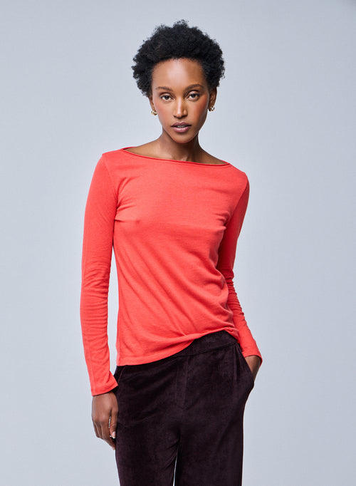 T-shirt Orange Col Bateau Manches Longues en Coton Organique / Cachemire - MAJESTIC FILATURES