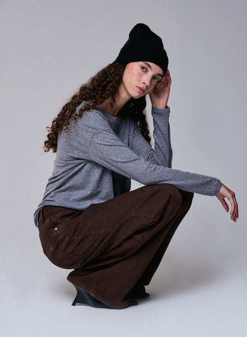 Graues Langarm-T-Shirt mit U-Boot-Ausschnitt aus Baumwolle / Kaschmir - MAJESTIC FILATURES