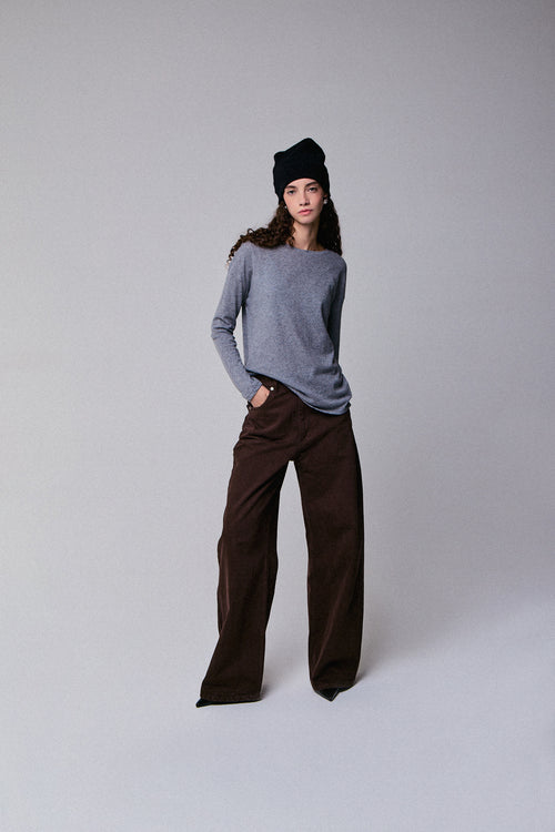 Graues Langarm-T-Shirt mit U-Boot-Ausschnitt aus Baumwolle / Kaschmir - MAJESTIC FILATURES