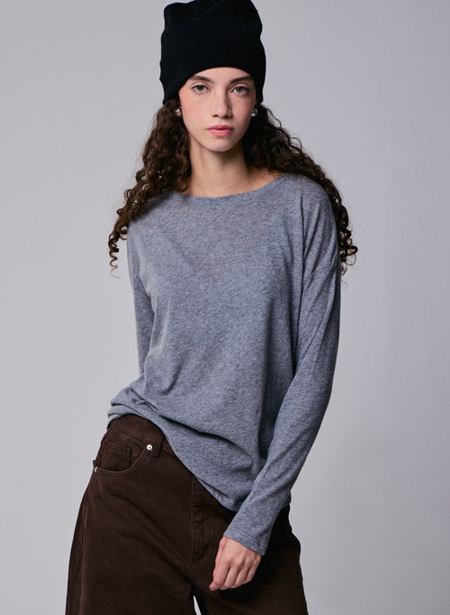 T-shirt Gris Col Bateau Manches Longues en Coton et Cachemire - MAJESTIC FILATURES