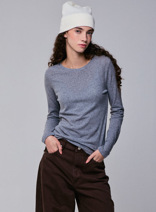 T-shirt Gris Col Rond Manches Longues en Coton Organique et Cachemire - MAJESTIC FILATURES