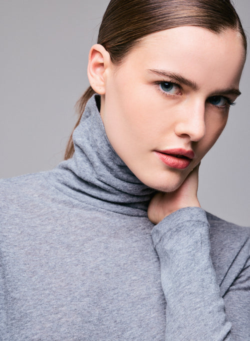 T-shirt Gris Col Roulé Manches Longues en Coton Organique et Cachemire - MAJESTIC FILATURES