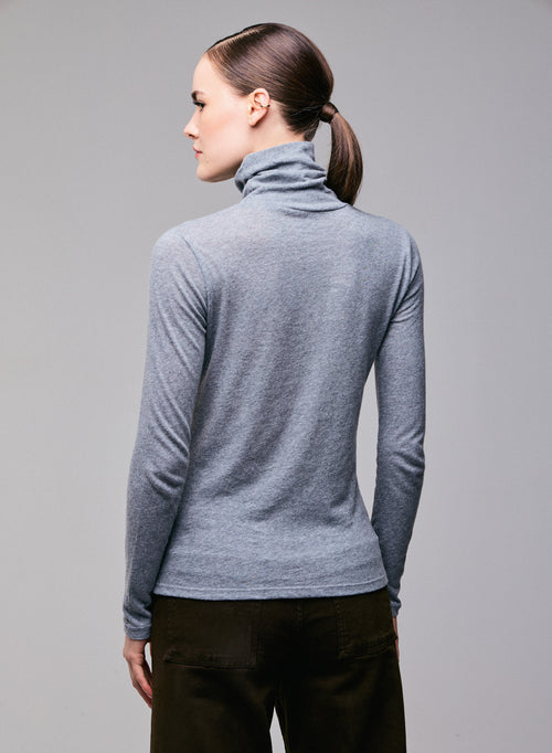 T-shirt Gris Col Roulé Manches Longues en Coton Organique et Cachemire - MAJESTIC FILATURES