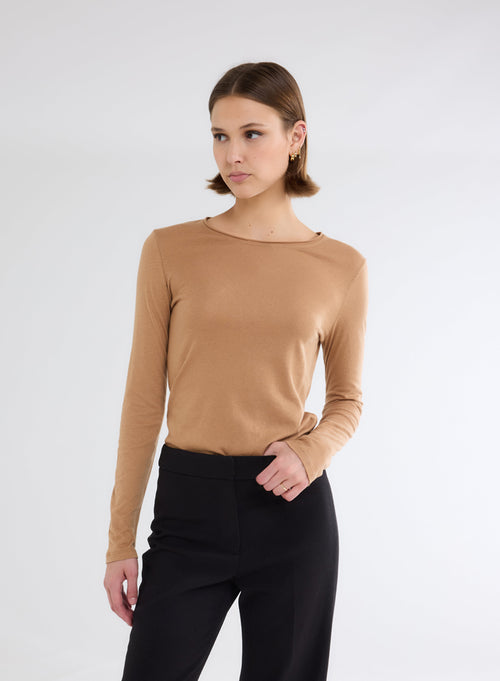 Tee shirt Marron Col Rond Manches Longues - MAJESTIC FILATURES