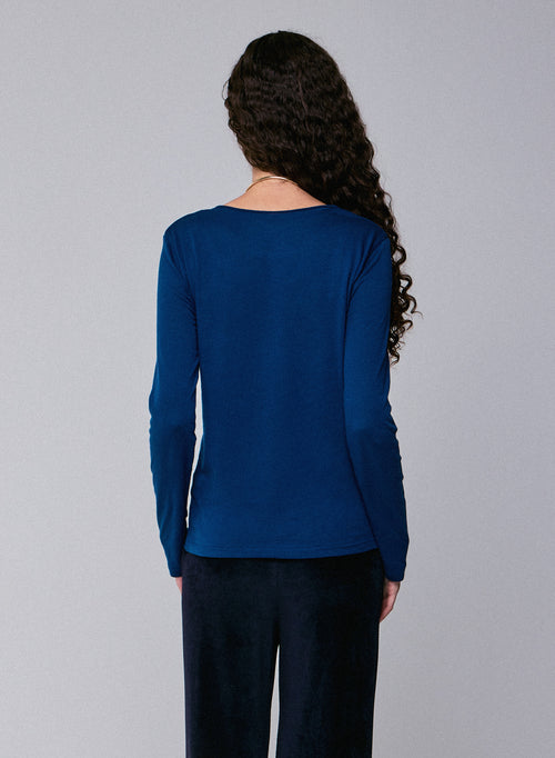 Blaues Langarm-T-Shirt mit Rundhalsausschnitt aus Bio-Baumwolle / Kaschmir - MAJESTIC FILATURES