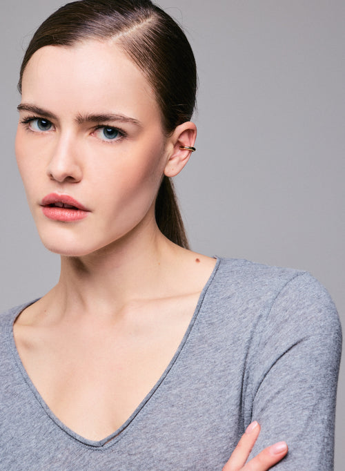 Grau meliertes Langarm-T-Shirt mit V-Ausschnitt© aus Baumwolle und Kaschmir - MAJESTIC FILATURES