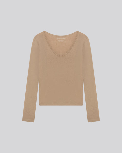 T-shirt Beige Col V Manches Longues en Coton et Cachemire - MAJESTIC FILATURES